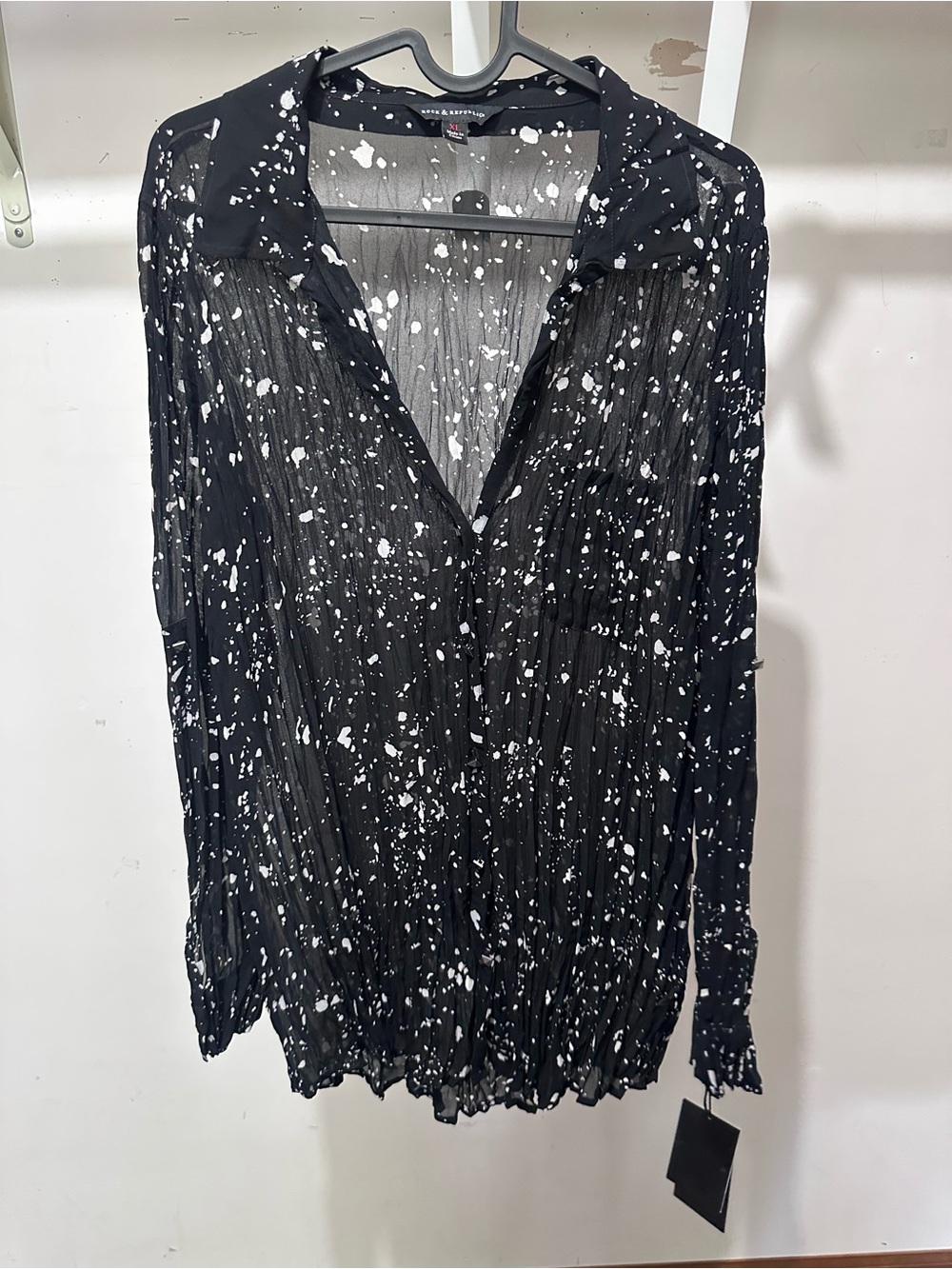 Rock & Republic Black Sheer Blouse with White Splatter